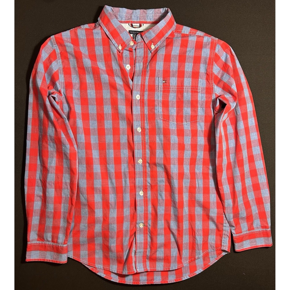 Tommy Hilfiger Boys XL 20 Red Blue Plaid Button-Up Shirt Long Sleeve Logo